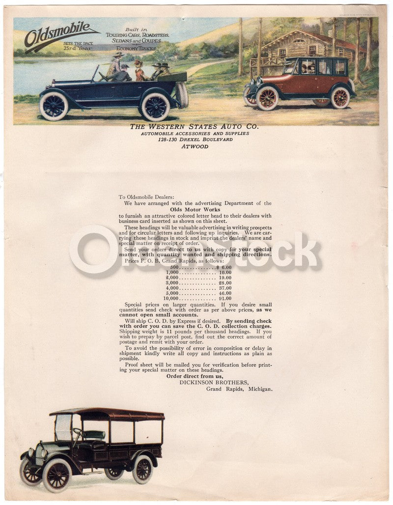 Western States Auto Oldsmobile Dealer Antique Salesmen Price List Advertising Letterhead
