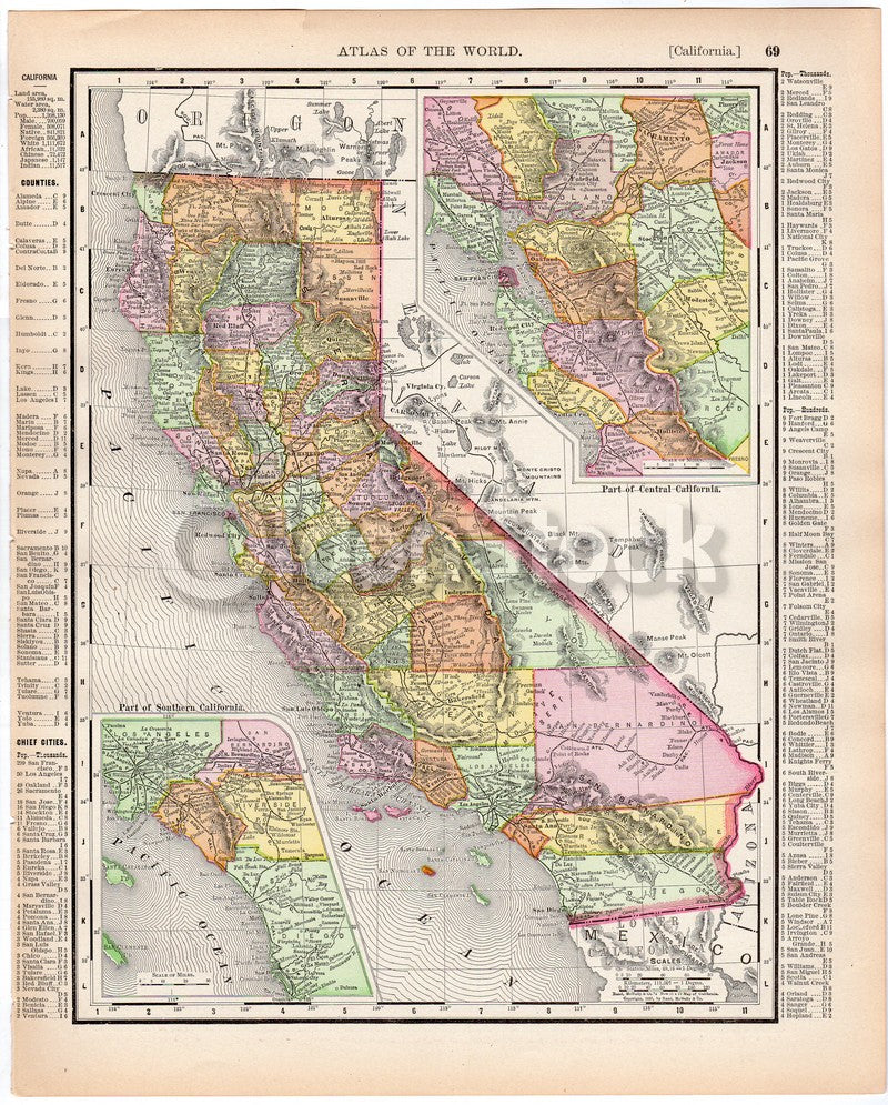 California San Francisco Antique State & City Map Print 1898