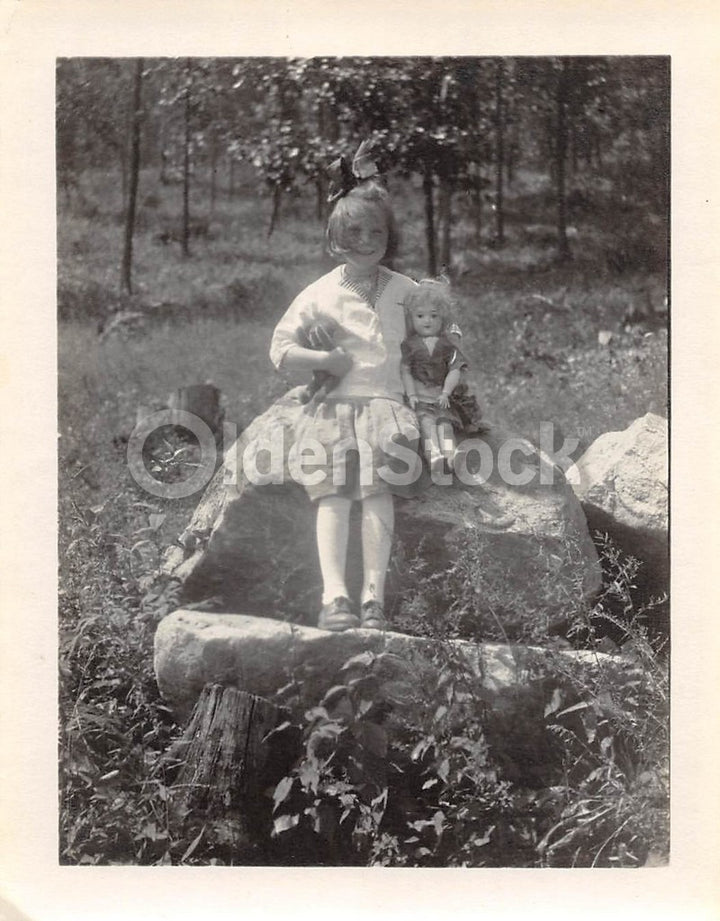 Lovely Big Smile Little Girl with her Doll Antique Snapshot Photograph