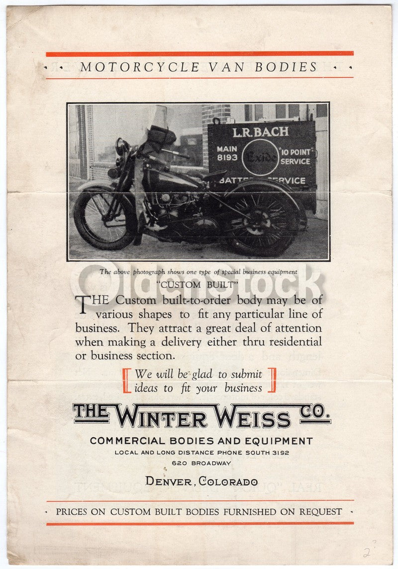 Winter Weiss Motorcycle Van Bodies Denver Colorado Antique Advertising Brochure