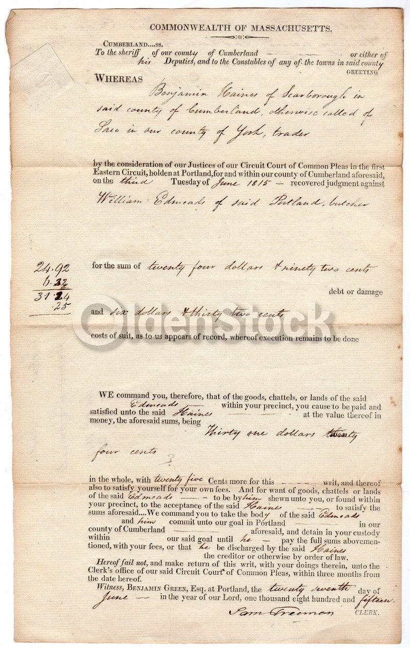 Cumberland County Massachusetts 1815 Antique Signed Legal Deed Court Document