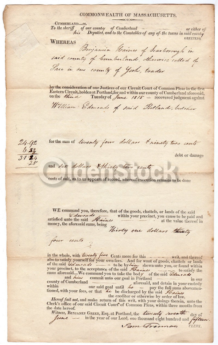 Cumberland County Massachusetts 1815 Antique Signed Legal Deed Court Document