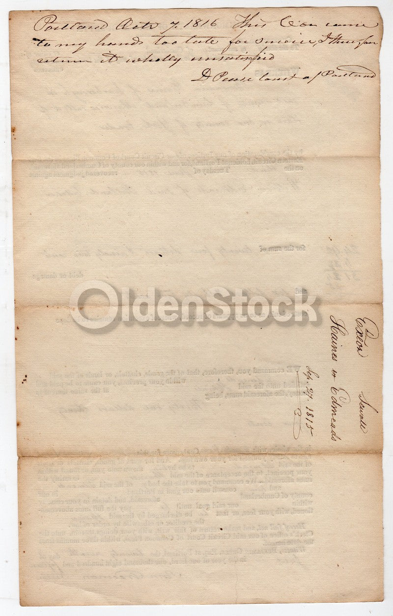 Cumberland County Massachusetts 1815 Antique Signed Legal Deed Court Document