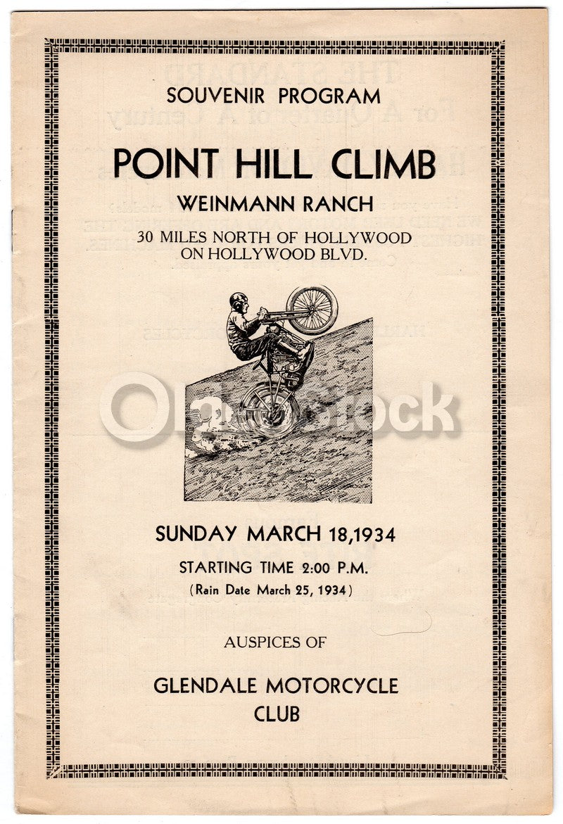Joe Petrali Windy Lindstrom Hollywood Hill Climb Motorcycle Race Program 1934