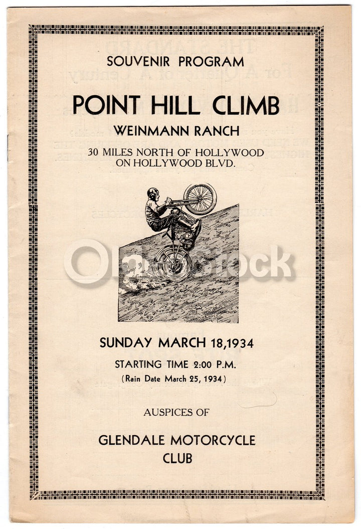 Joe Petrali Windy Lindstrom Hollywood Hill Climb Motorcycle Race Program 1934