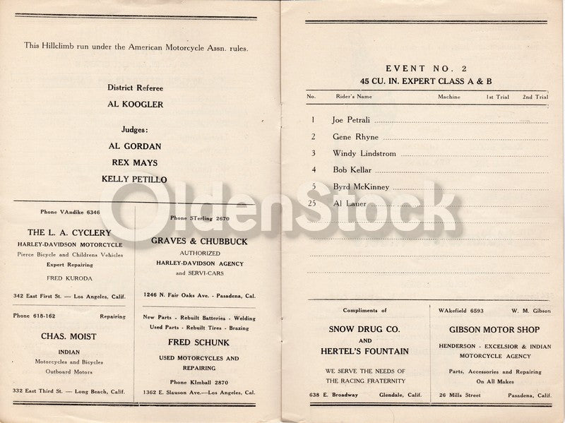 Joe Petrali Windy Lindstrom Hollywood Hill Climb Motorcycle Race Program 1934