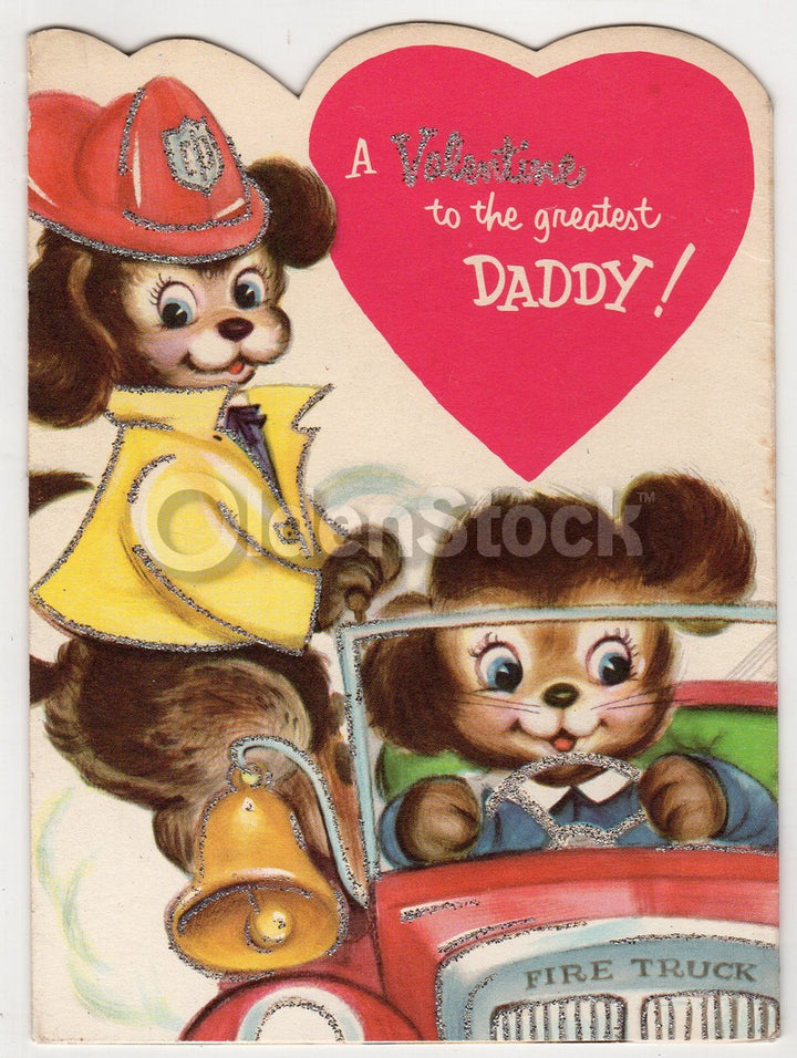 Cute Firemen Dogs Vintage Firefighting Valentine's Day Greeting Card