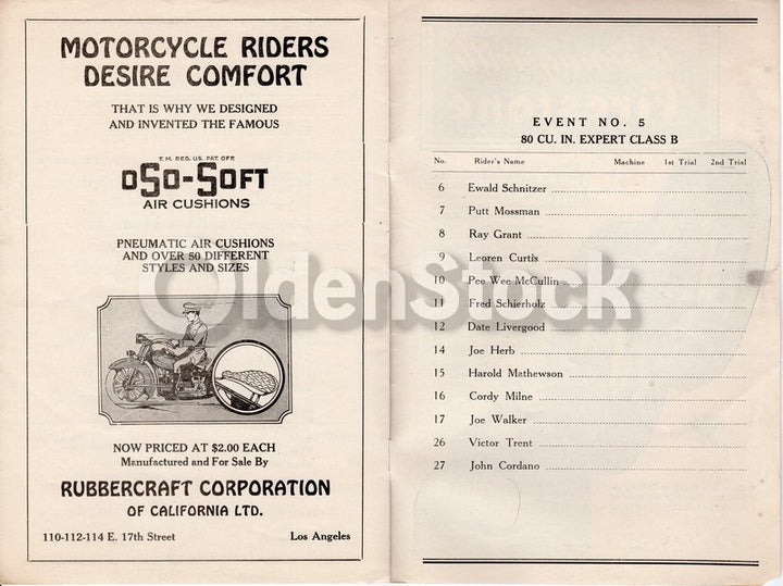 Joe Petrali Windy Lindstrom Hollywood Hill Climb Motorcycle Race Program 1934