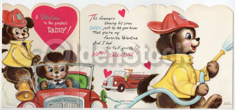 Cute Firemen Dogs Vintage Firefighting Valentine's Day Greeting Card