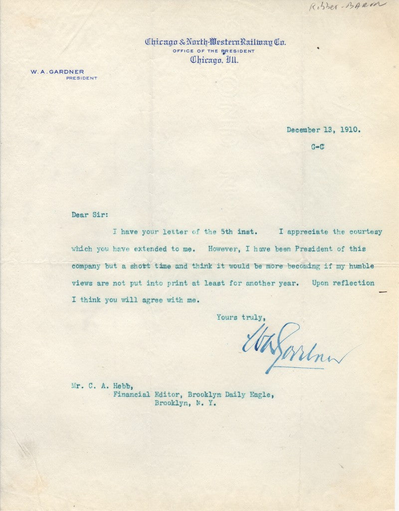 W. A. Gardner Chicago North Western Railroad President Autograph Signed Letter 1910
