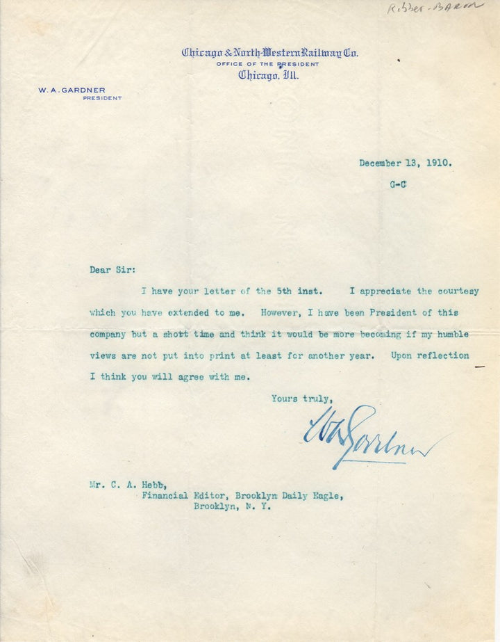 W. A. Gardner Chicago North Western Railroad President Autograph Signed Letter 1910