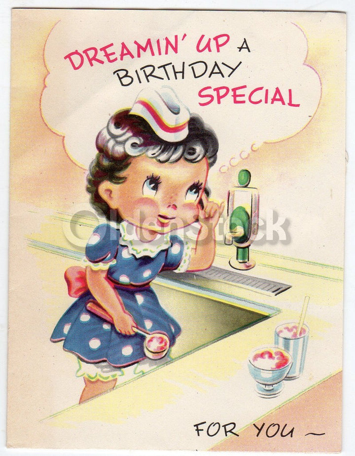 Soda Jerk Ice Cream Girl Vintage Graphic Art Birthday Greeting Card