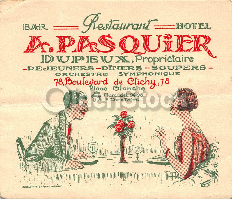 A. Pasquier Diner Restaurant Hotel Marcadet France Antique Graphic Advertising Card