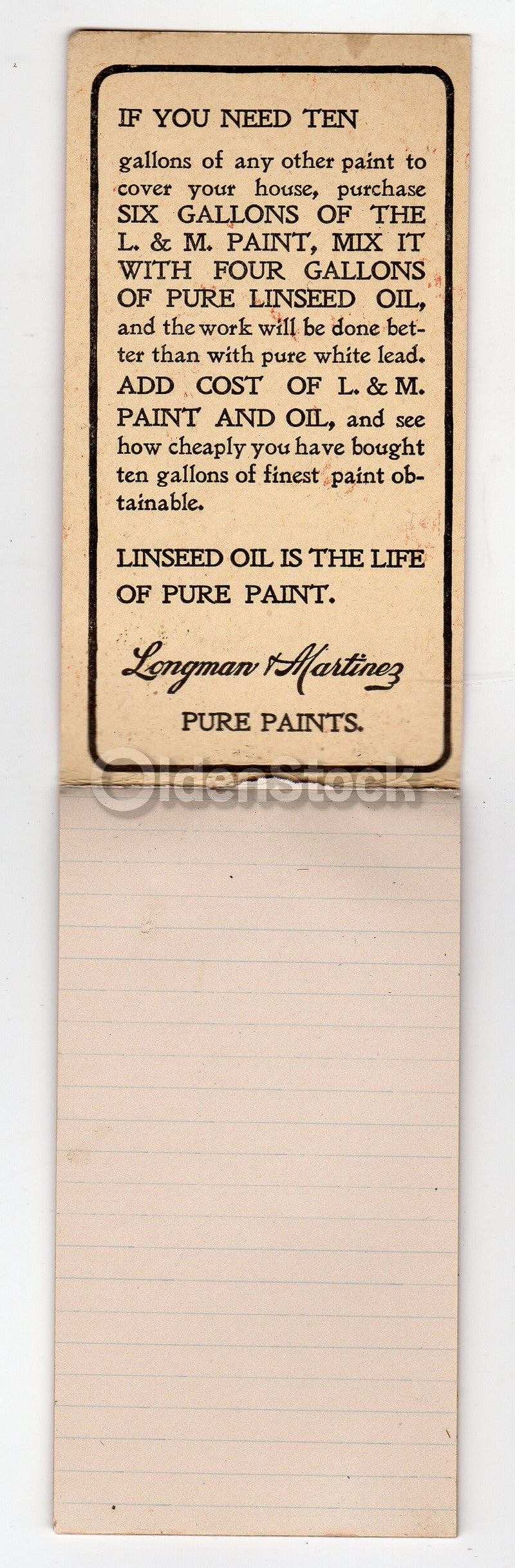 Longman and Martinez Pure Paints Waverly New York Antique Advertising Notepad
