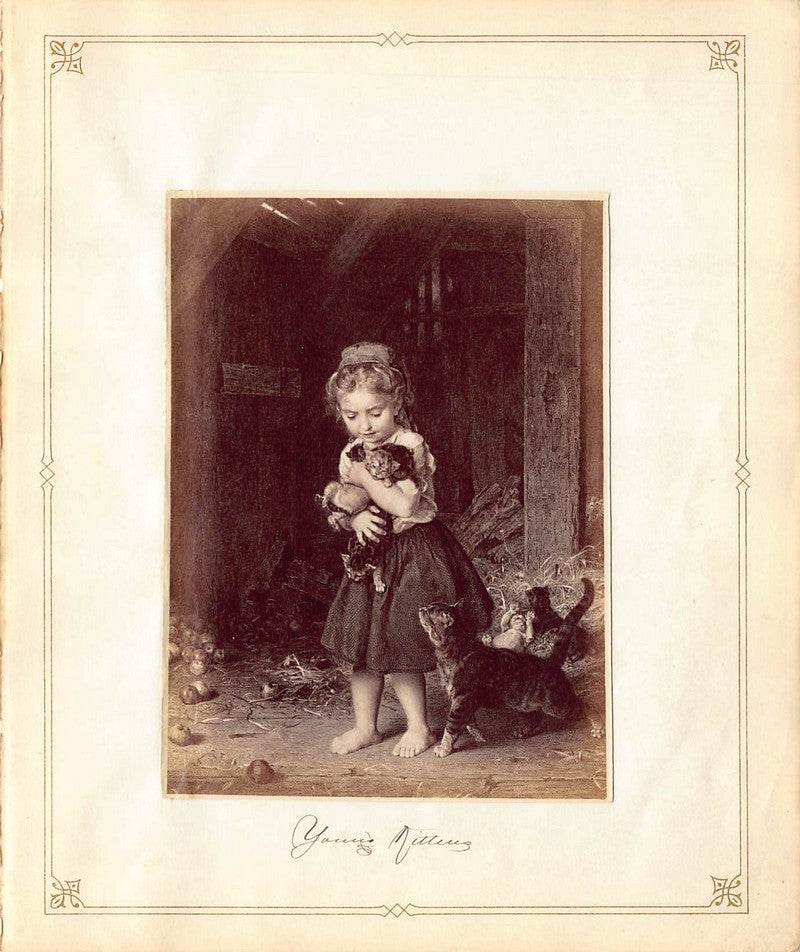 Ludwig Knaus Handful of Kittens Painting Antique Albumen Print Photo c.1900