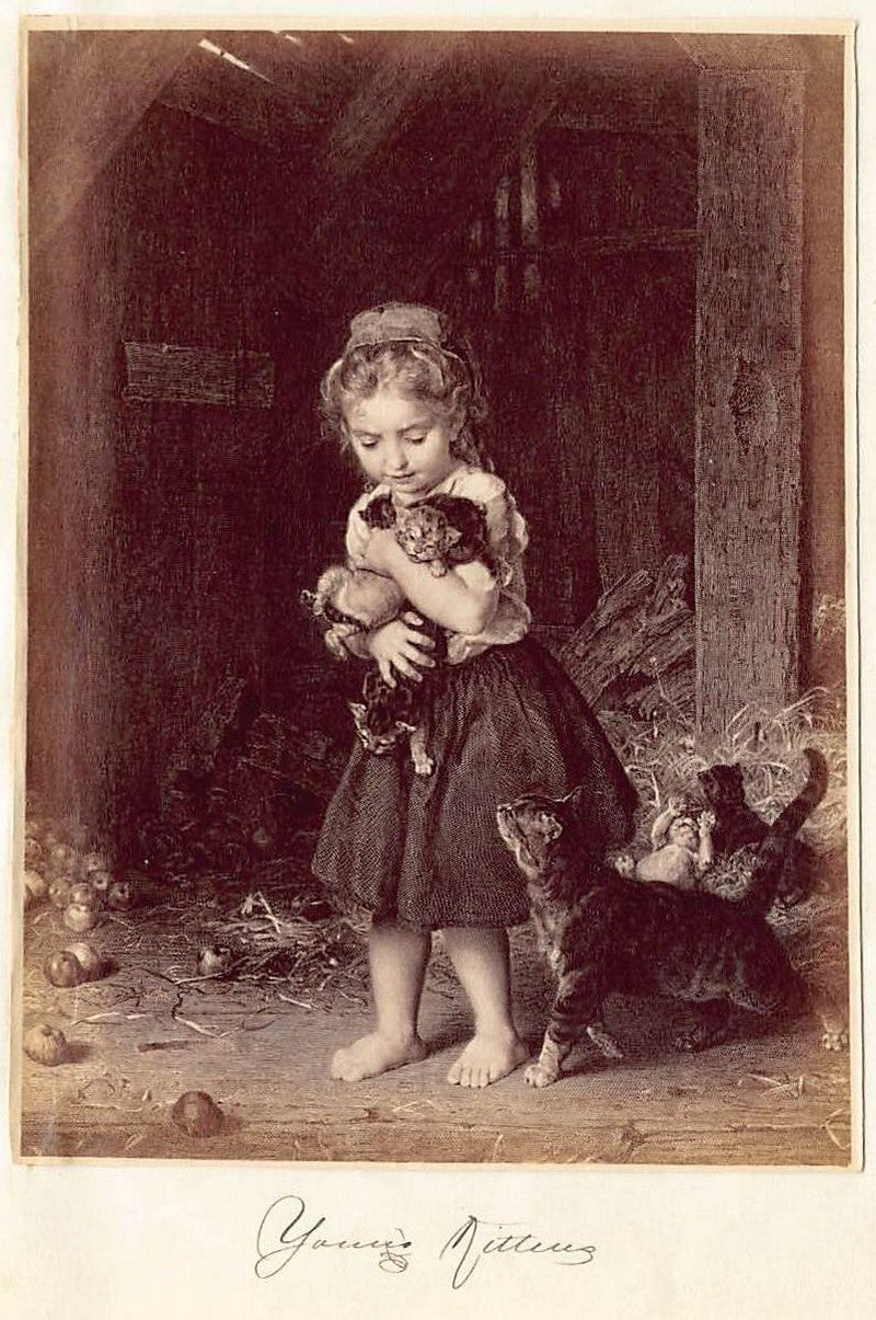 Ludwig Knaus Handful of Kittens Painting Antique Albumen Print Photo c.1900