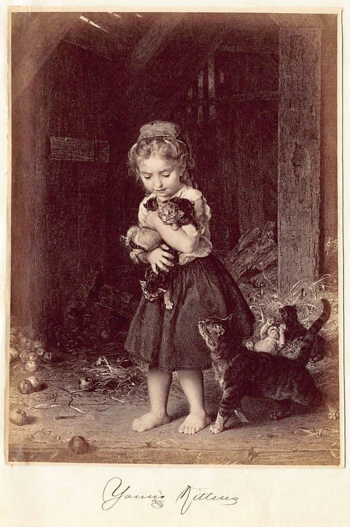 Ludwig Knaus Handful of Kittens Painting Antique Albumen Print Photo c.1900
