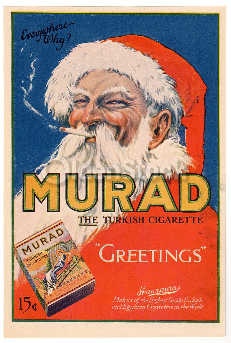 Smoking Santa Claus St. Nicholas Antique Murad Cigarettes Advertising Print 1915