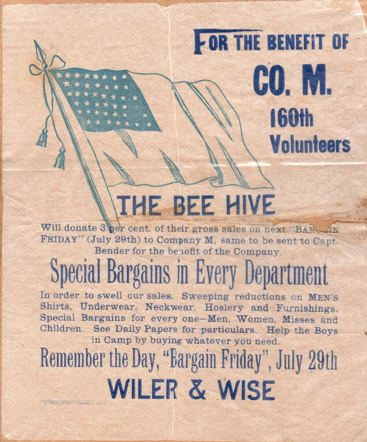 Bee Hive Dry Goods Cass Indiana Post-Civil War 160th Volunteers Broadside