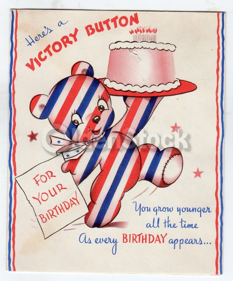 WWII Victory Bear Patriotic in Old Age Vintage Graphic Art Birthday Greeting Car