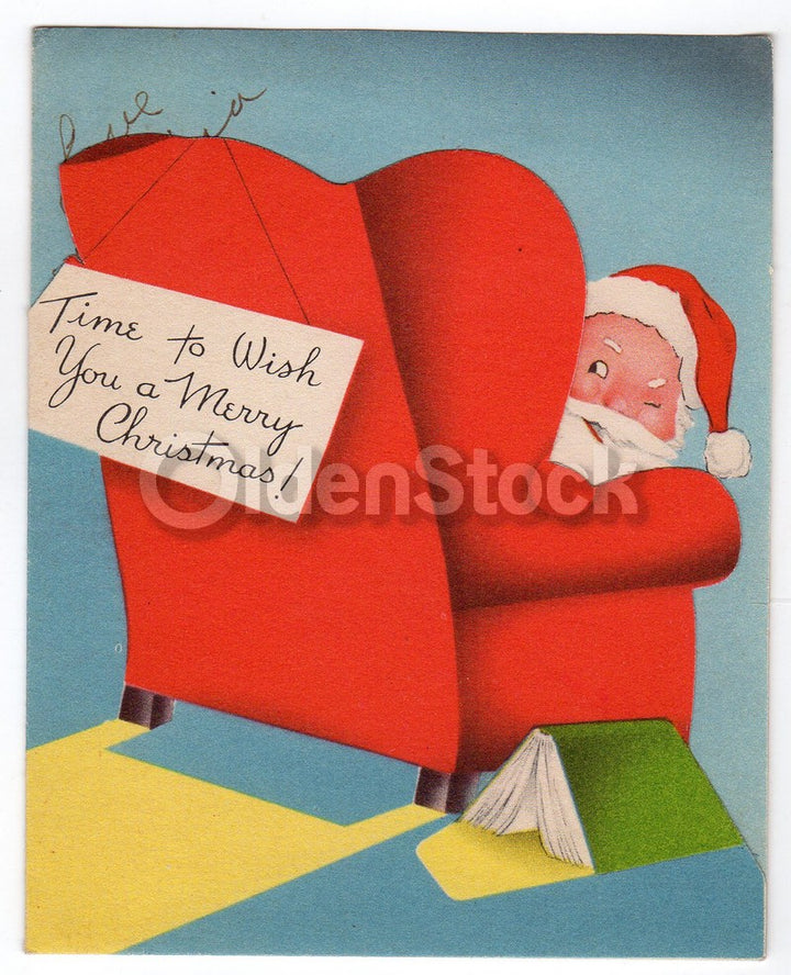 Santa Clause Relaxing in his Armchair Vintage Graphic Art Christmas Greeting Car