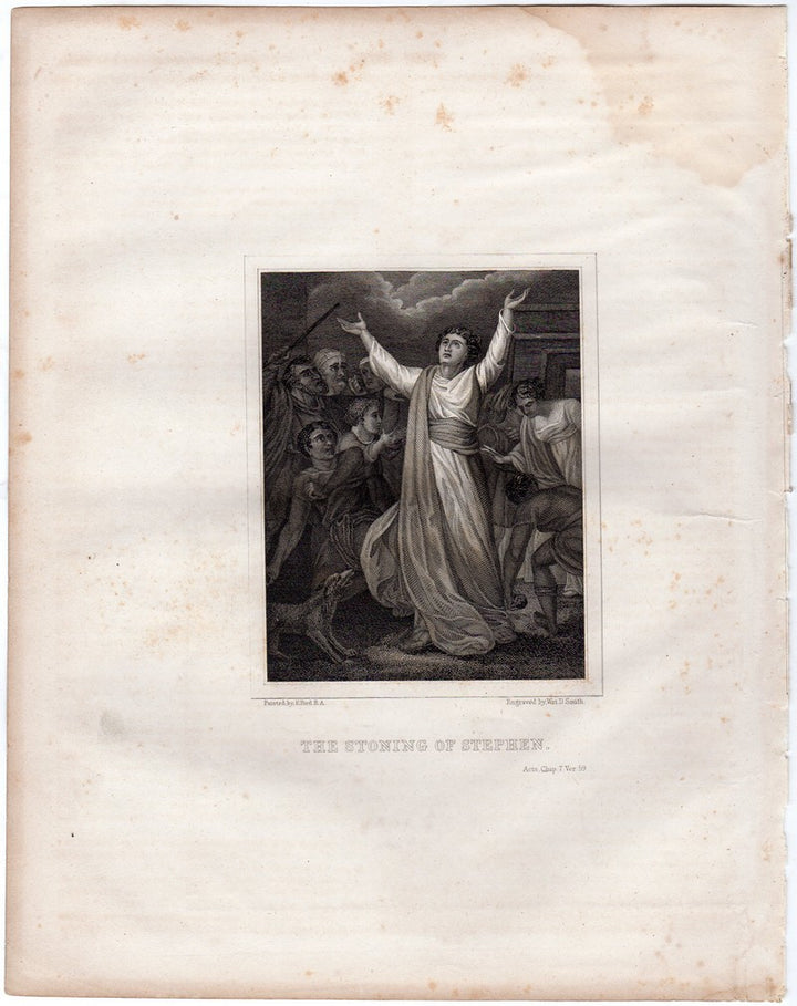 The Stoning Martyrdom of Stephen Antique Religious Bible Engraving Print 1846