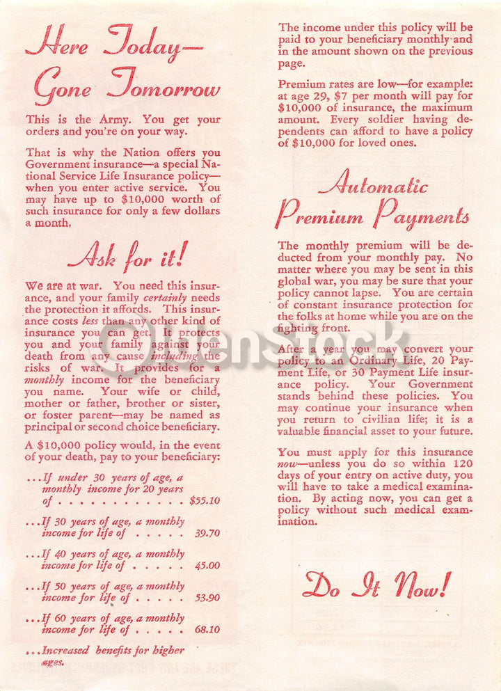 Uncles Sam Patriotic Art National Service Life Insurance Vintage Graphic Advertising Brochure Flyer