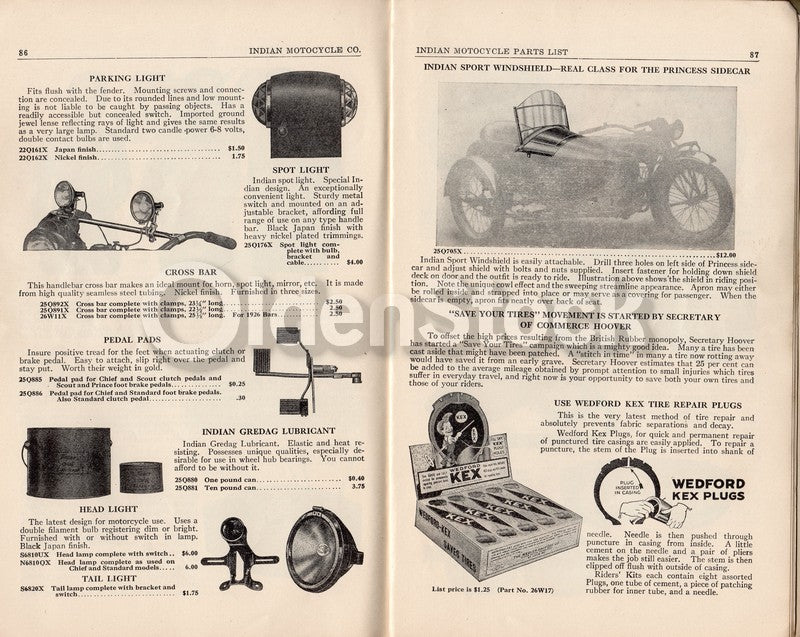 Indian Scout Motorcycles Antique Parts List Price List Catalog 1920-1926
