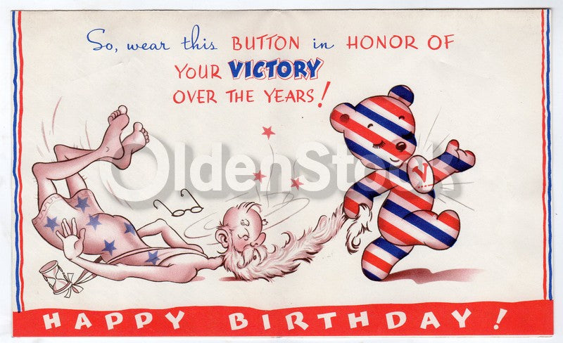 WWII Victory Bear Patriotic in Old Age Vintage Graphic Art Birthday Greeting Car