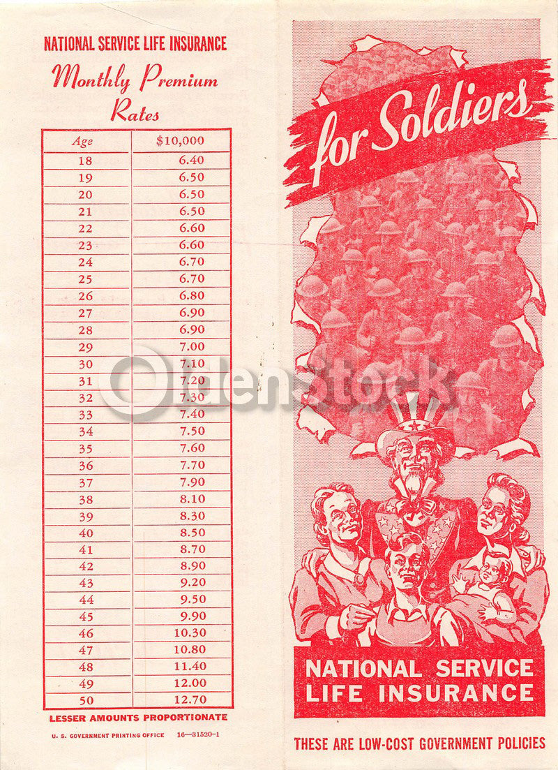 Uncles Sam Patriotic Art National Service Life Insurance Vintage Graphic Advertising Brochure Flyer