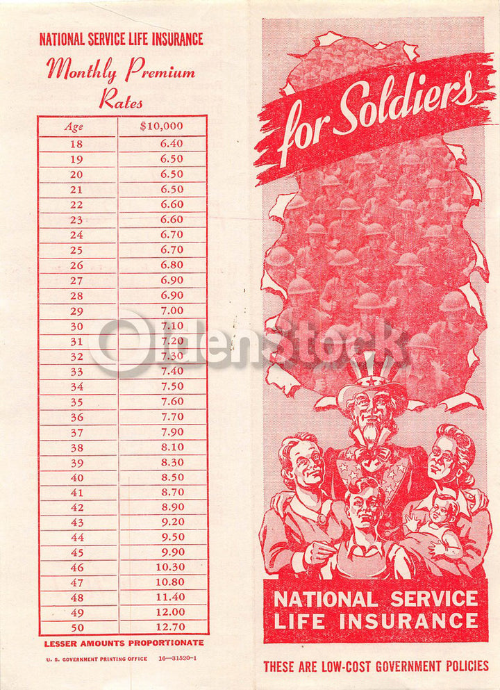 Uncles Sam Patriotic Art National Service Life Insurance Vintage Graphic Advertising Brochure Flyer