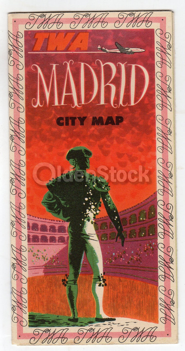 TWA Airlines Madrid Flights Vintage City Map Graphic Advertising Brochure