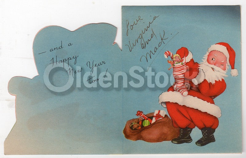 Santa Clause Relaxing in his Armchair Vintage Graphic Art Christmas Greeting Car