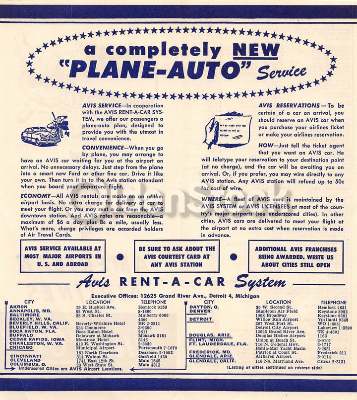 American Airlines Avis Car Rental Locations Vintage Graphic Advertising Brochure