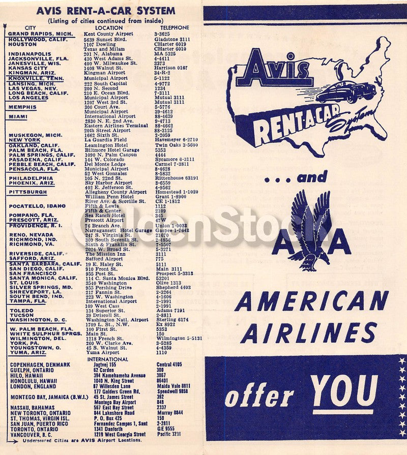 American Airlines Avis Car Rental Locations Vintage Graphic Advertising Brochure