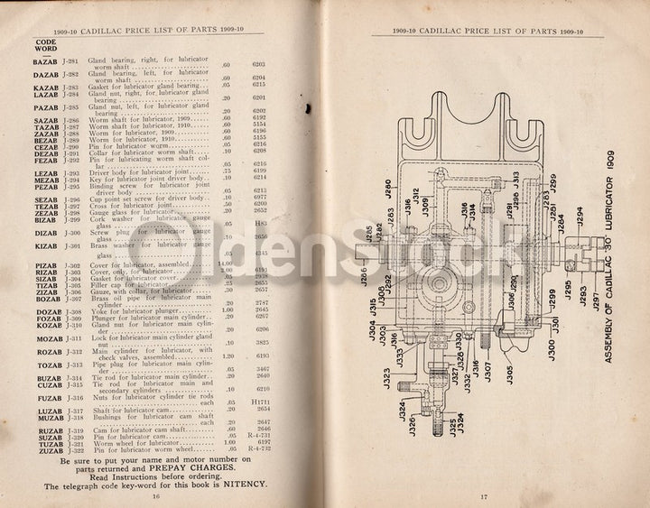Cadillac Motor Car Automobile Company Antique Parts Price List 1909-1910