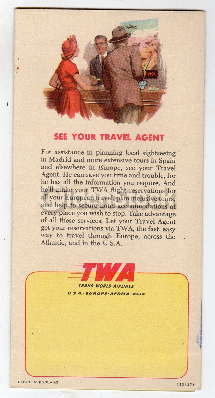 TWA Airlines Madrid Flights Vintage City Map Graphic Advertising Brochure