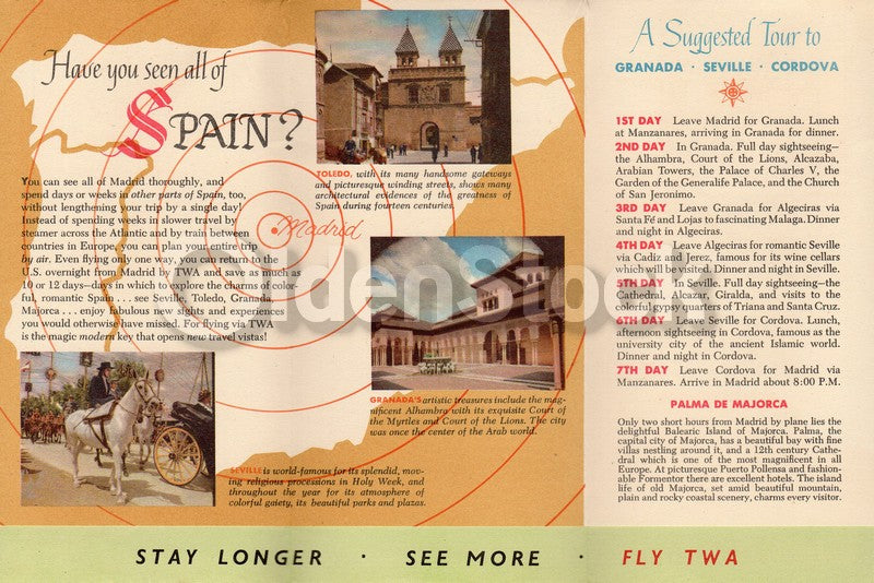 TWA Airlines Madrid Flights Vintage City Map Graphic Advertising Brochure