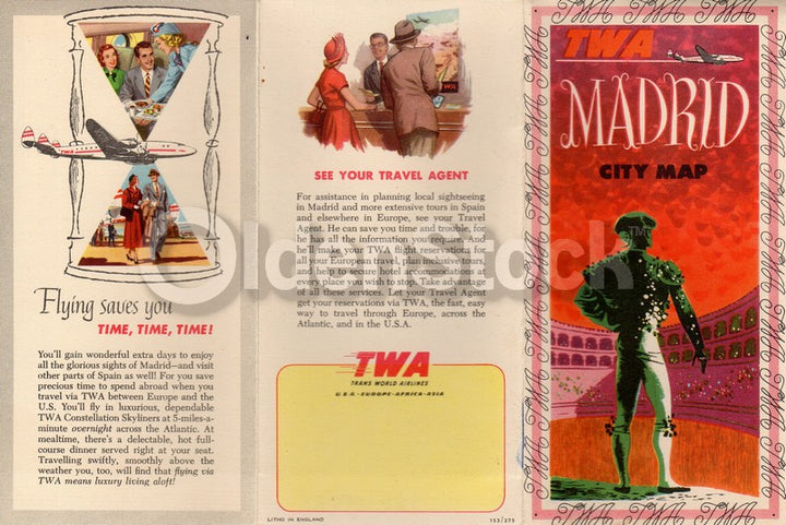TWA Airlines Madrid Flights Vintage City Map Graphic Advertising Brochure