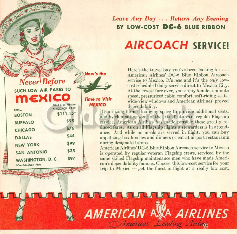 American Airlines DC6 Mexico City Flights Vintage Graphic Advertising Brochure F