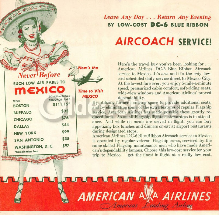 American Airlines DC6 Mexico City Flights Vintage Graphic Advertising Brochure F