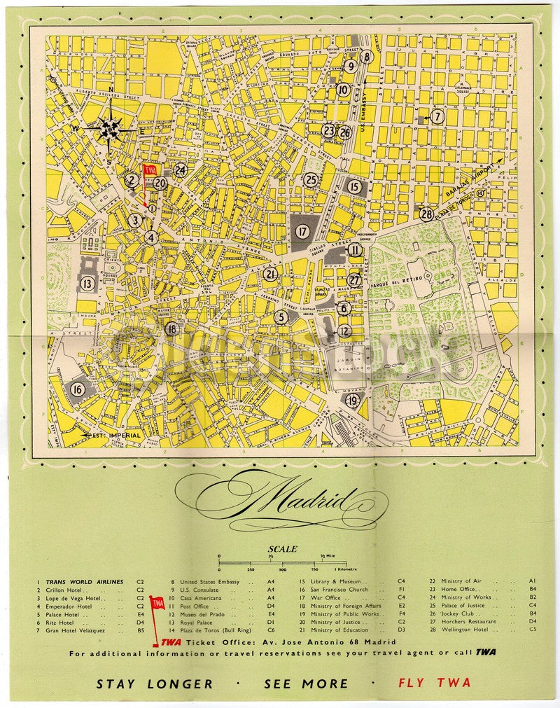 TWA Airlines Madrid Flights Vintage City Map Graphic Advertising Brochure