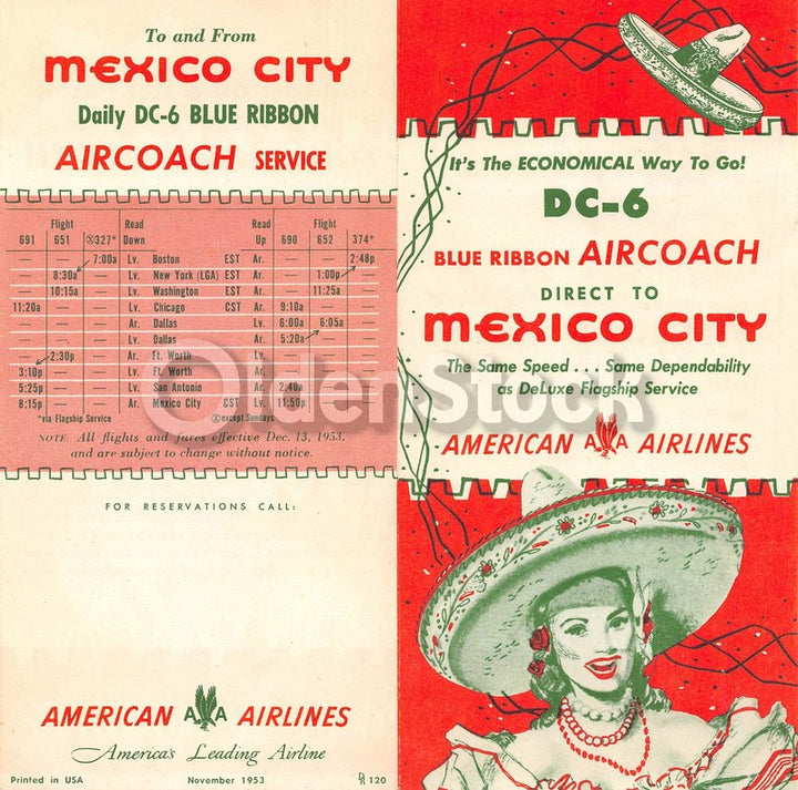 American Airlines DC6 Mexico City Flights Vintage Graphic Advertising Brochure F