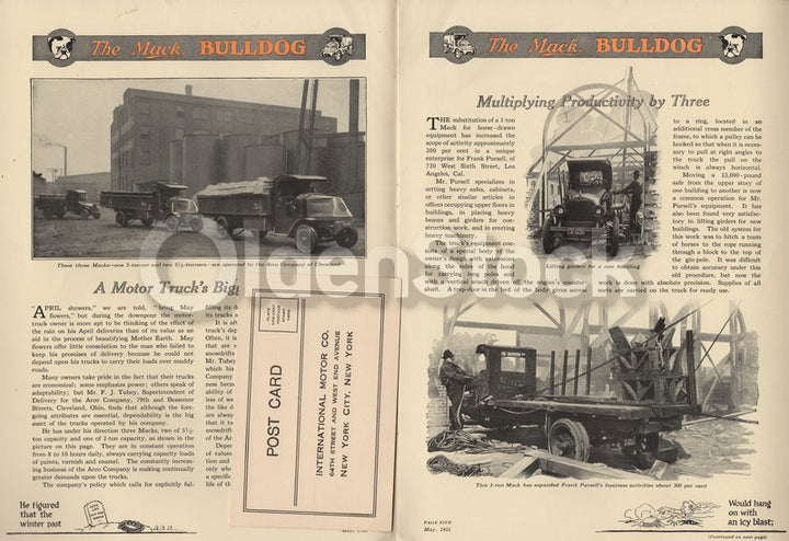 Mack Trucks Bulldog WWI Service Trucks Antique Graphic Advertising Brochure 1921