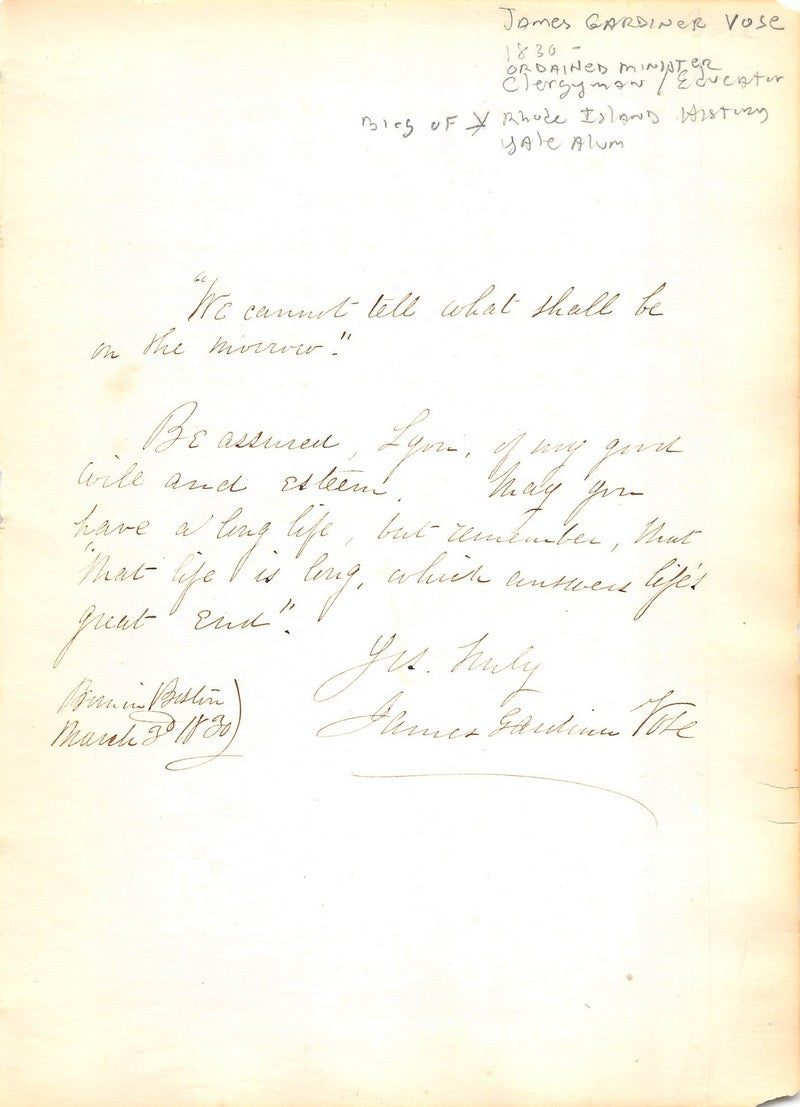 James Gardiner Vose Rhode Island Church Minister Antique Autograph Signed Letter
