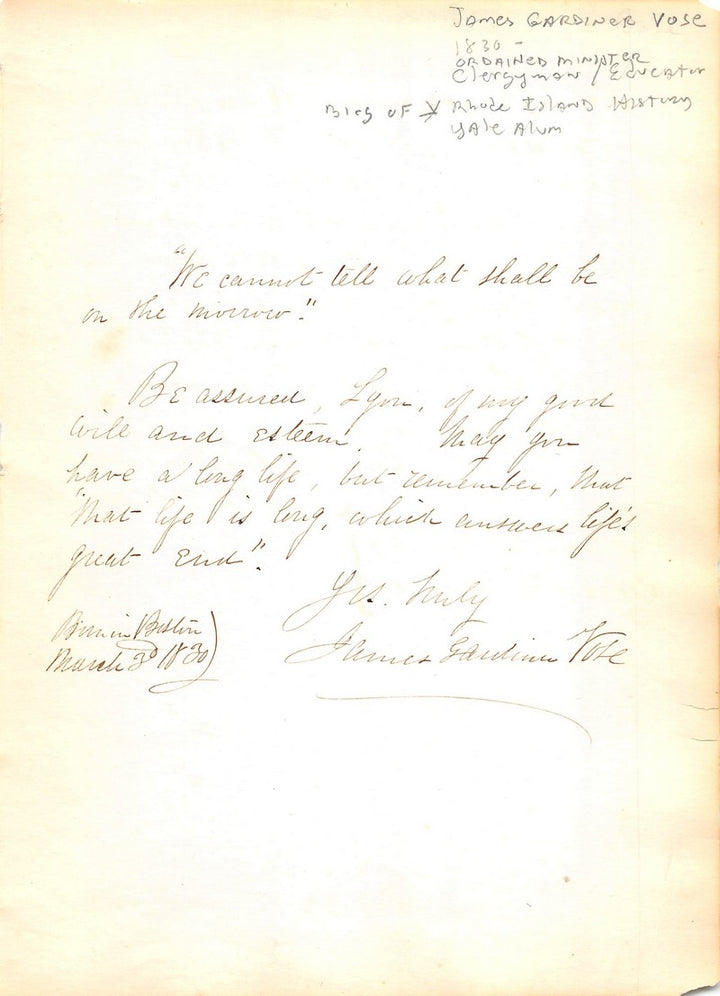 James Gardiner Vose Rhode Island Church Minister Antique Autograph Signed Letter
