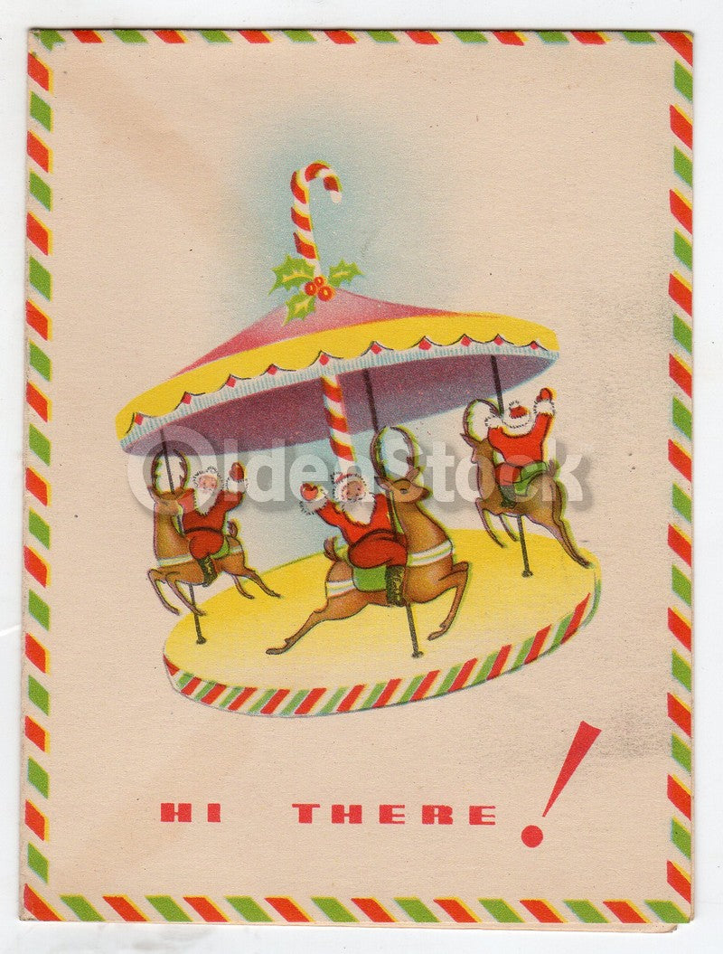 Santa Clause Merry Go Round Reindeer Vintage Graphic Art Christmas Greeting Card