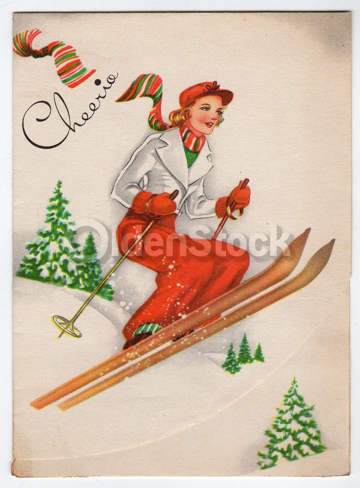 Cheerio! Woman Snow Skiing Vintage Graphic Art Christmas Greeting Card