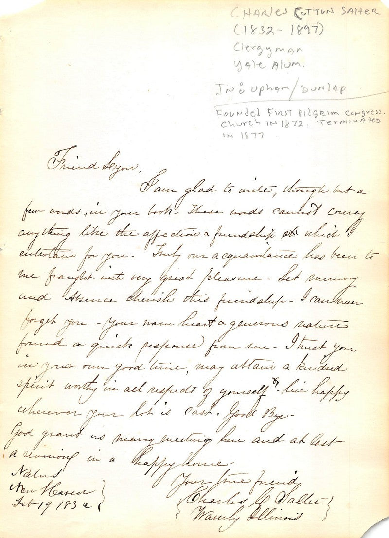 Rev Charles Cotton Salter Pilgrim Congress Church Antique Autograph Signed Letter