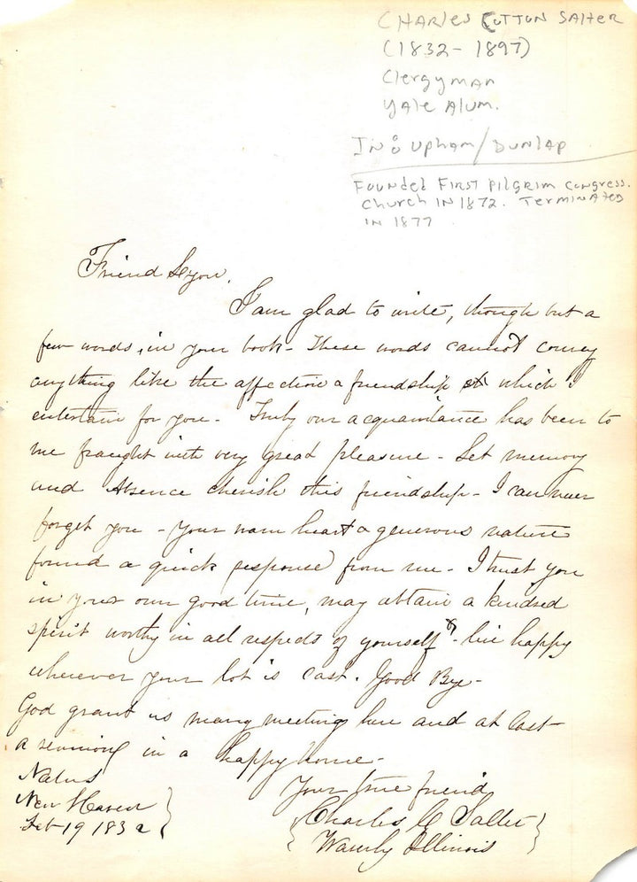 Rev Charles Cotton Salter Pilgrim Congress Church Antique Autograph Signed Letter